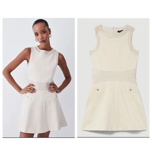 NWT Karen Millen Ponte Faux leather A line flippy mini dress 12 Tall beige